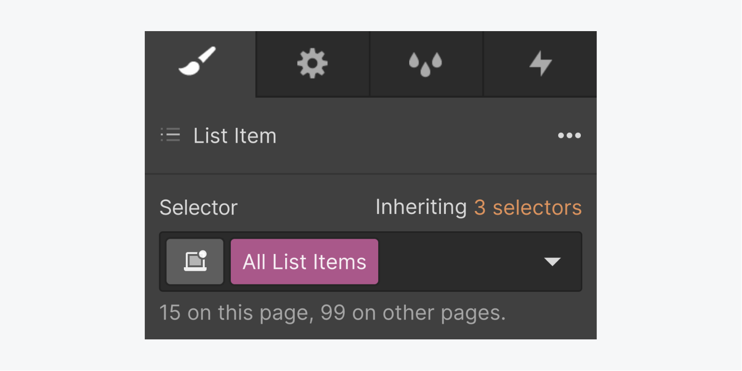 The All list items tag is selected and displayed in the Style panel’s Selector field.