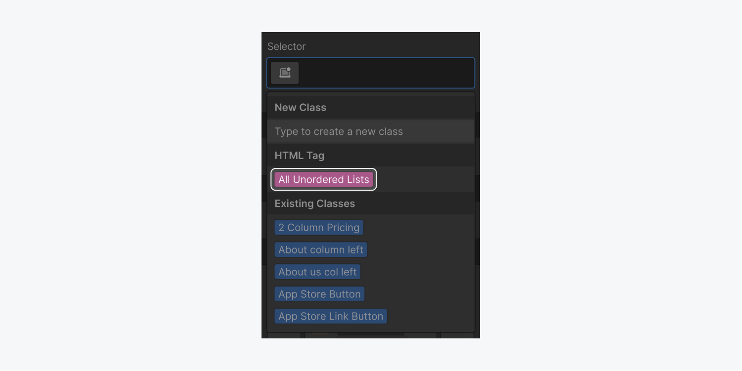 The All non-ordered listings tag is highlighted in the Selector field dropdown in the Style panel.