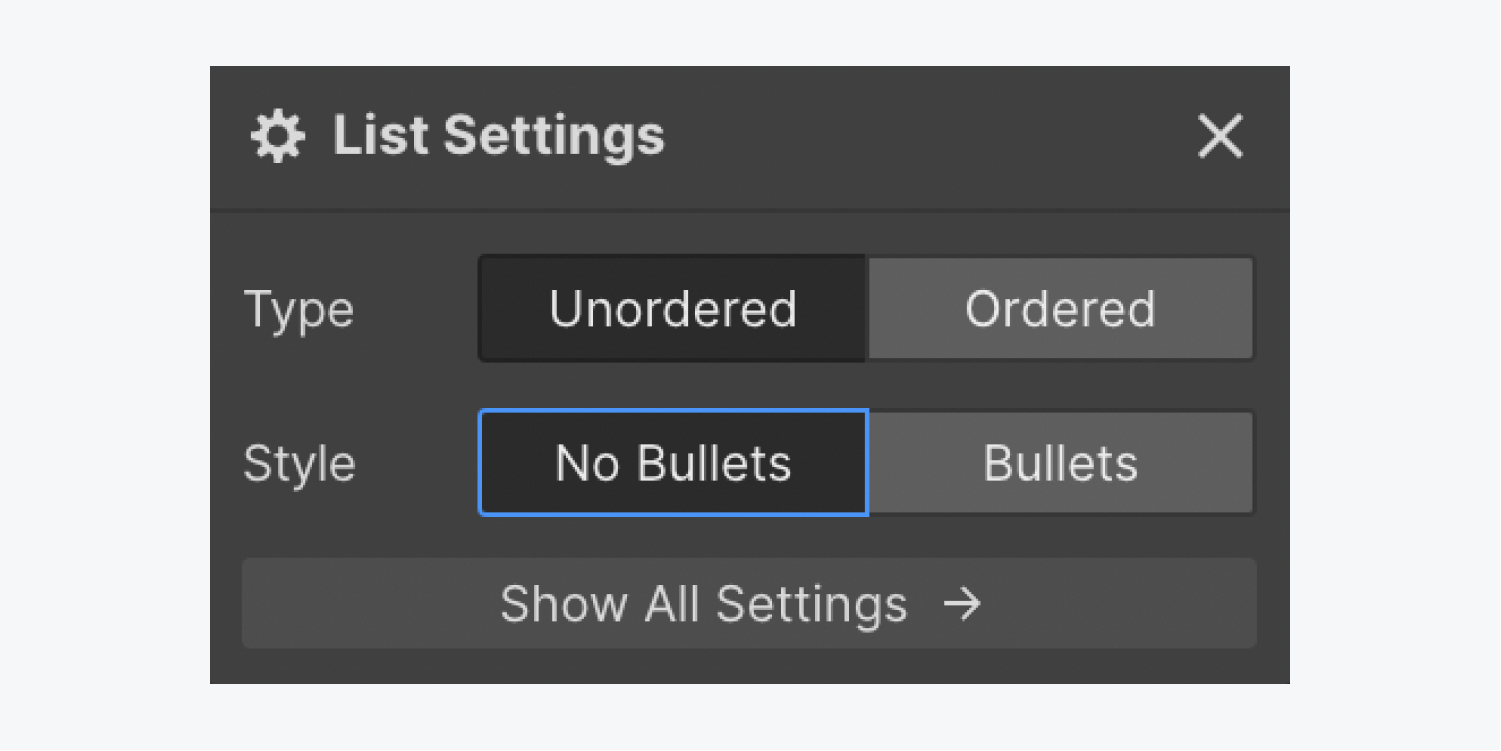 The No bullets Style is highlighted in the Catalog settings.