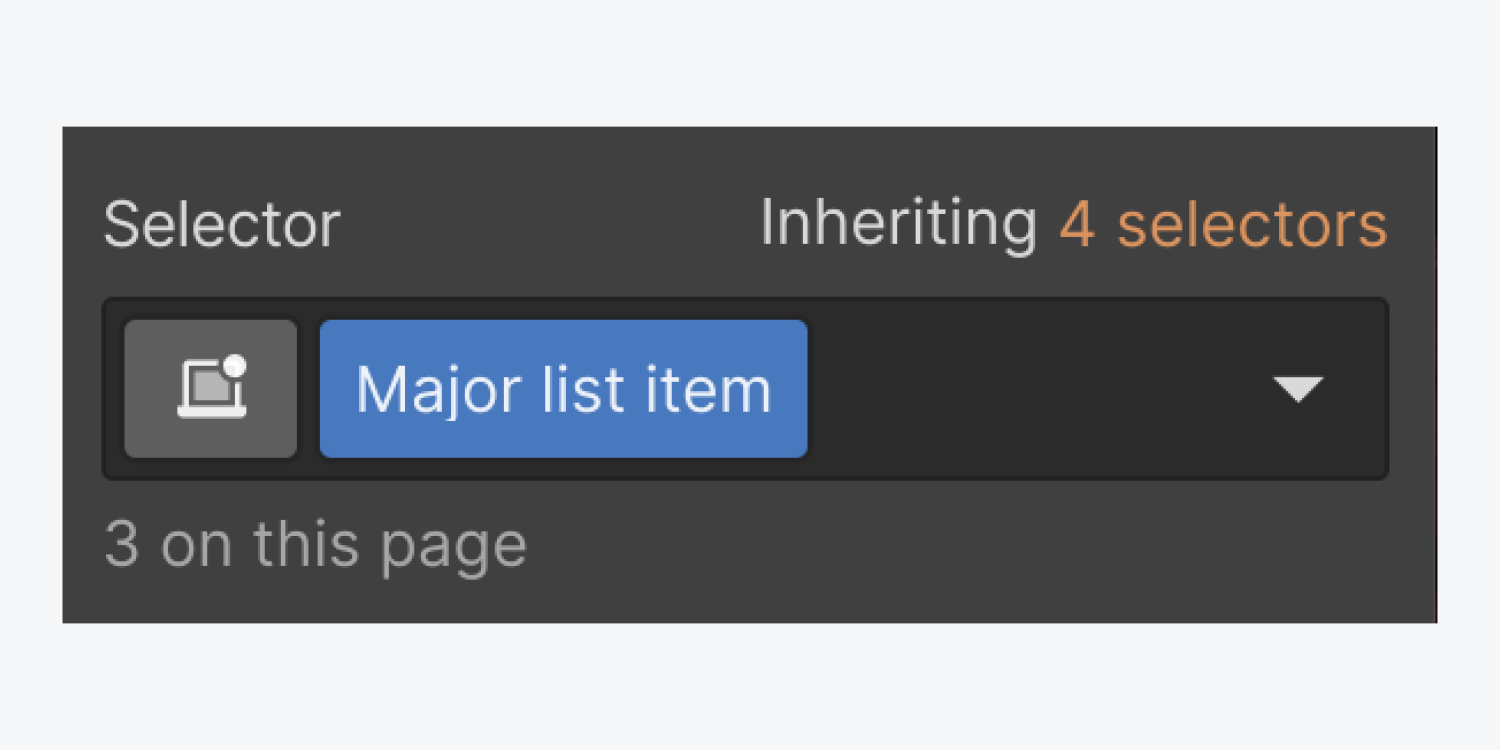 A "Primary list item" class is added to a list item and shown in the Selector field.