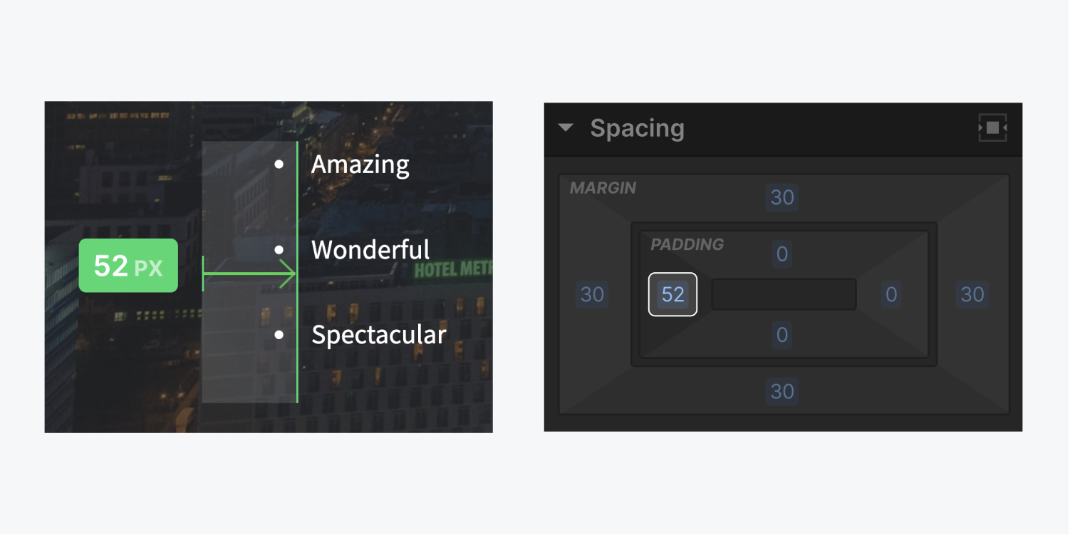 In the left image, a 52-pixel left padding is added to three listed items on the canvas. The right image shows 52 pixels of left padding in the Spacing category of the Style panel.