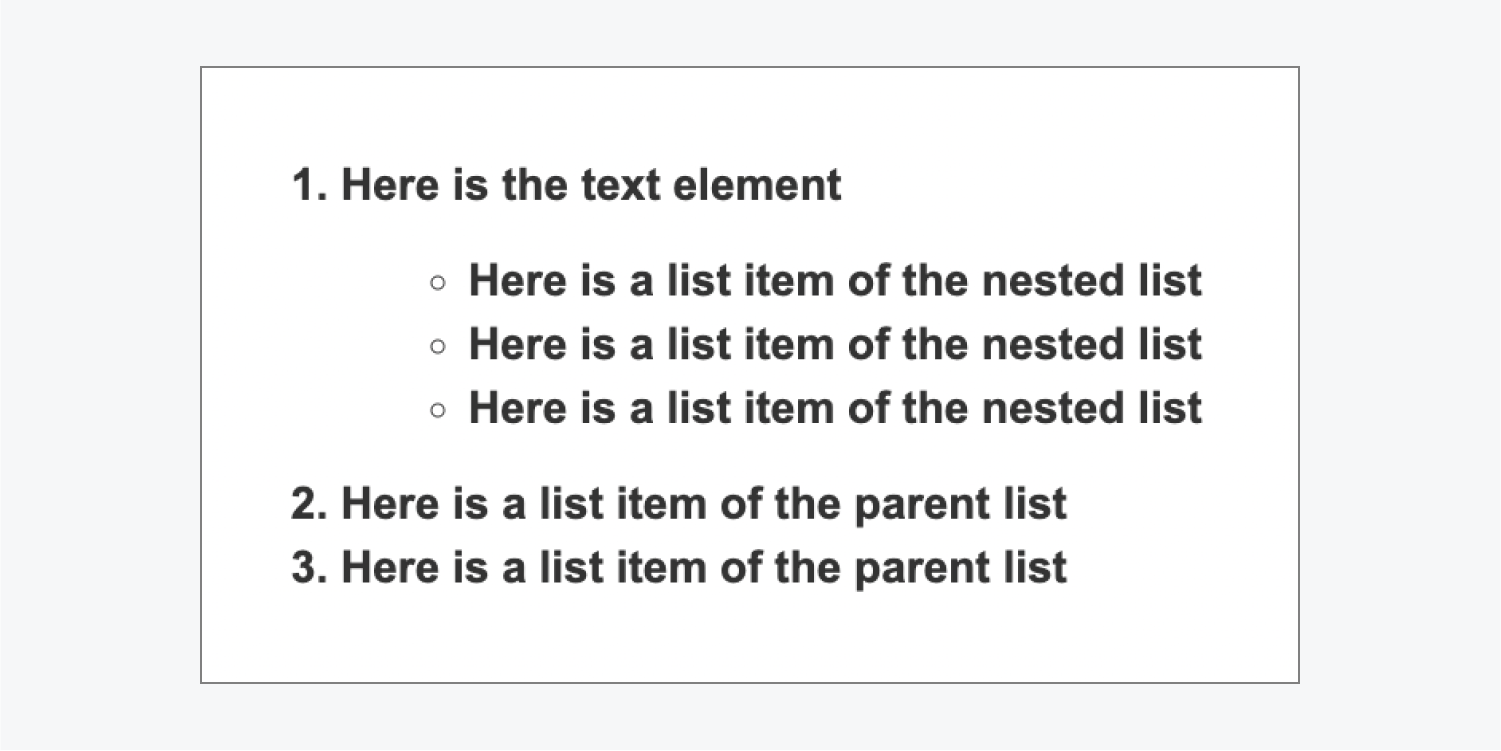 An annotated bullet point list and a text section are enclosed inside the initial item of a numbered list.