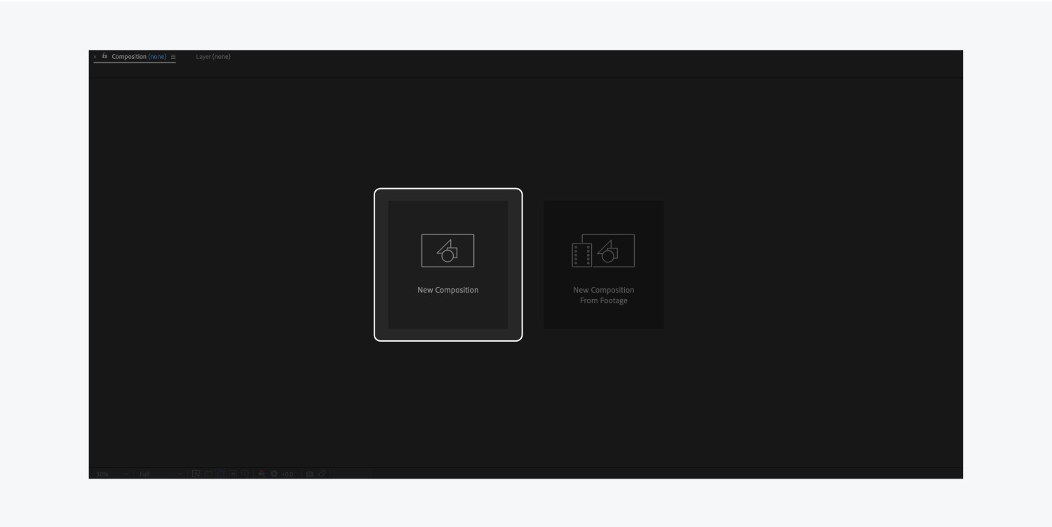 After Effects のコンポジション設定セクションで強調表示された新しいコンポジション ボタン。