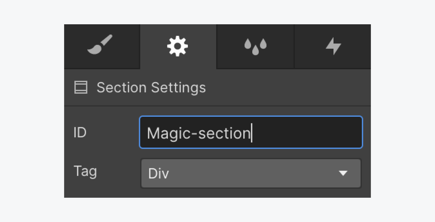 名為「Magic-section」的範例 ID 會附加到「元素設定」面板中的「部分」設定。