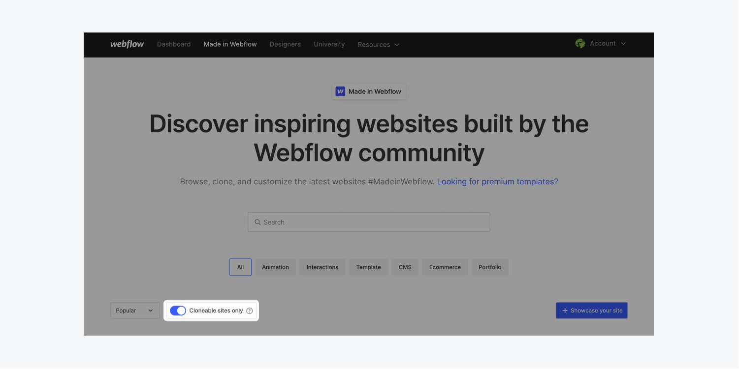 Made in Webflow 홈페이지에서 '복제 가능한 웹사이트만' 스위치가 '켜짐'으로 설정되어 있습니다.