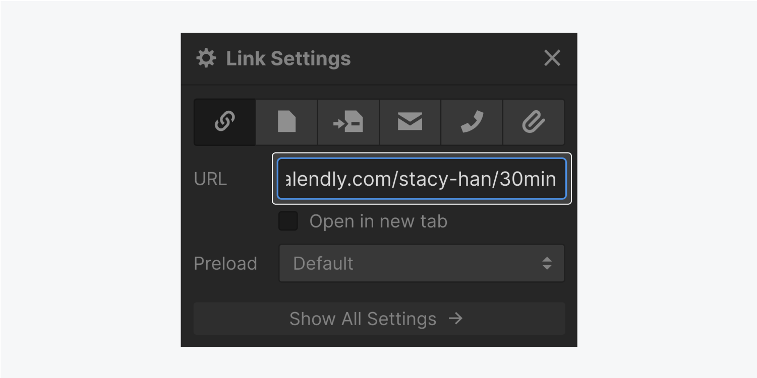 The link settings panel displays a URL input field, check box for Open in new tab, a preload dropdown menu and a show all settings button. The URL entered is highlighted.