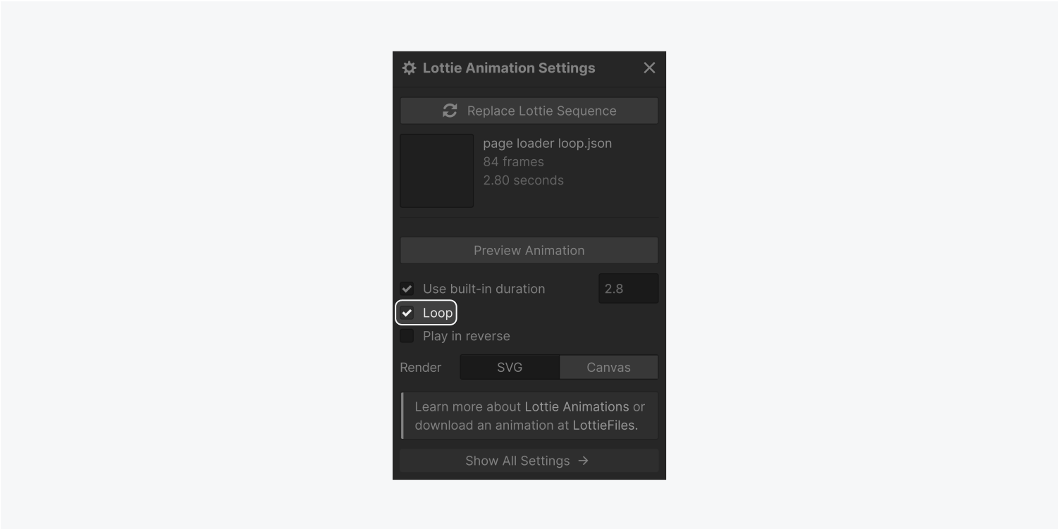 lottie 动画设置面板显示替换 lottie 序列按钮、预览窗口、预览动画按钮、使用内置持续时间、循环和反向播放的复选框。它还显示使用内置持续时间的输入字段。下面是渲染、SVG 和画布的两个选项。底部有一个显示所有设置按钮。