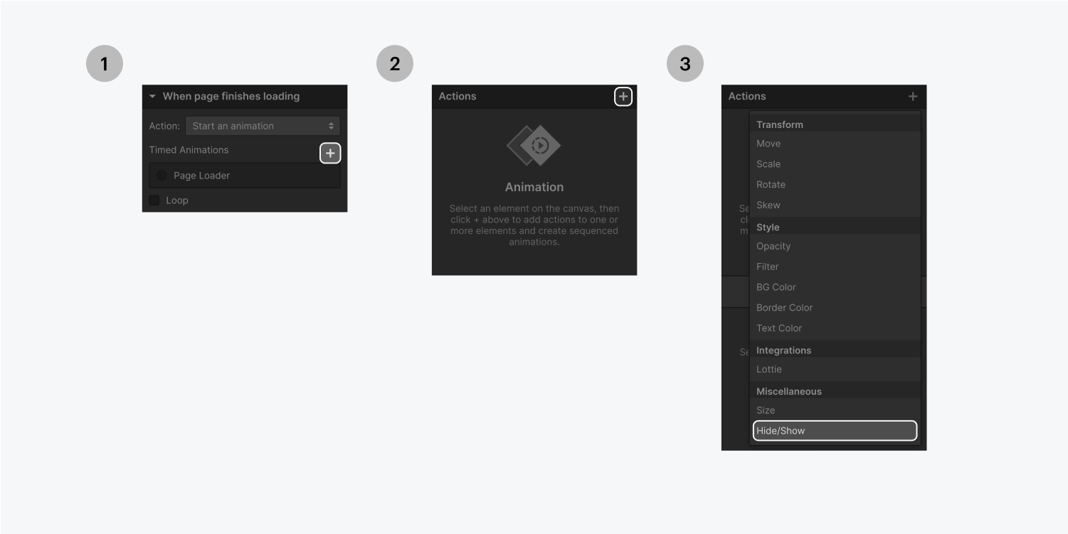 左側のステップ 1 で、時間指定アニメーション セクションのプラス記号を選択します。中央のステップ 2 で、アクション バーのプラス記号を選択します。右側のステップ 3 で、アクション ドロップダウン リストのその他セクションから非表示/表示オプションを選択します。