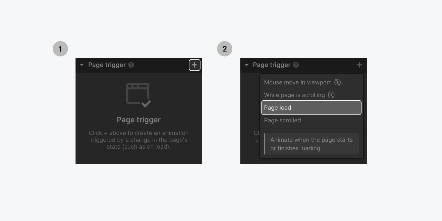 왼쪽의 한 단계에서 페이지 트리거 섹션의 더하기 기호를 탭합니다. 오른쪽의 2단계, 드롭다운 목록에서 페이지 로드 옵션을 선택합니다.