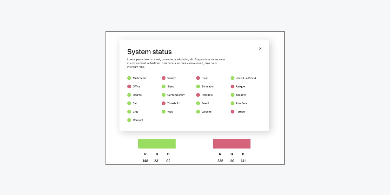 A sample user interface only uses color to indicate status, with green indicating functioning status and red indicating malfunctioning.