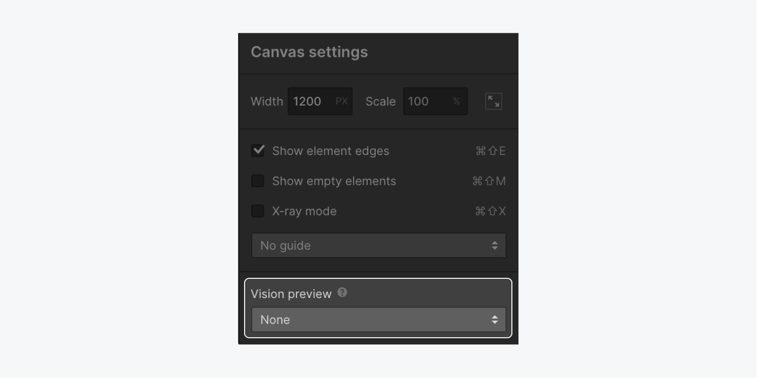 The Canvas settings modal shows the Vision preview section of the modal highlighted.