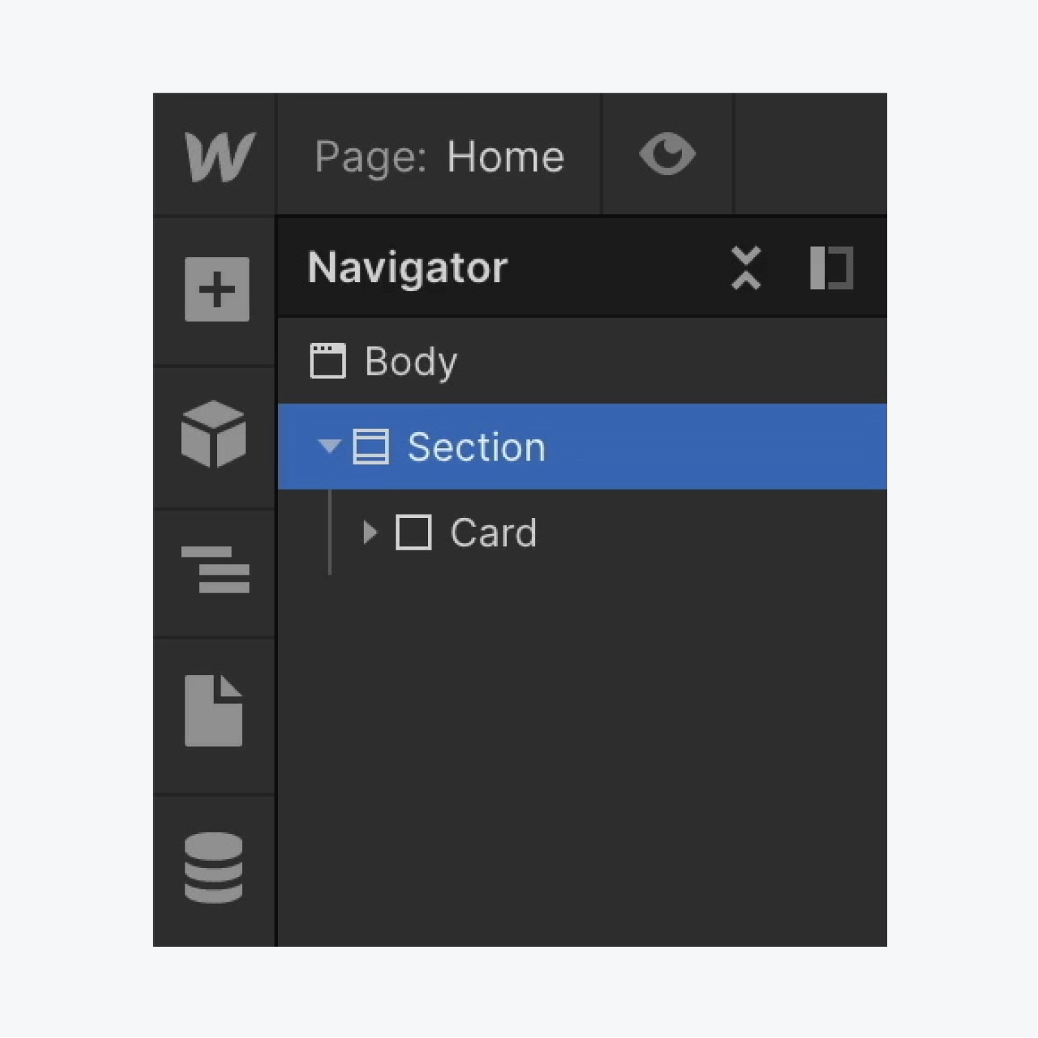 A Section is selected in the Webflow Navigator. 