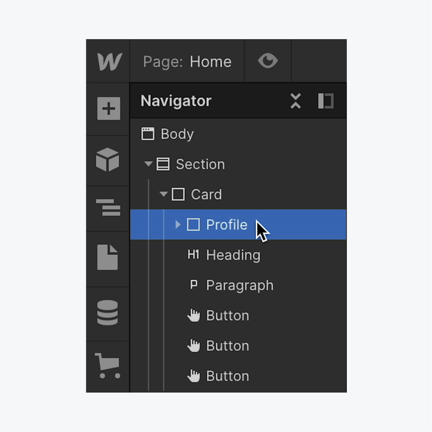 A “Profile” Div block inside the “Card” Div block is selected in the Webflow Navigator.