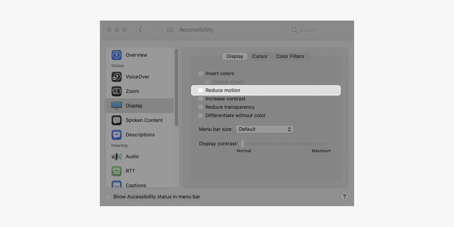 Mac で滑らかなスクロールを維持するには、「システム環境設定」>「アクセシビリティ」>「ディスプレイ」に移動し、「動きを減らす」のチェックを外します。