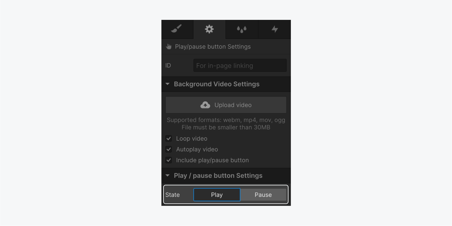 The Play/pause button settings in the Settings panel highlight the button States. 