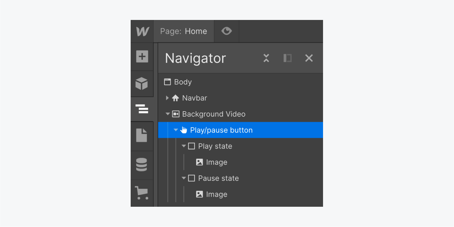 The arrangement of the Start/stop key in the Locator section. The Start/stop key includes two components, Initiate status and Hold position status, each containing their corresponding embedded image element.