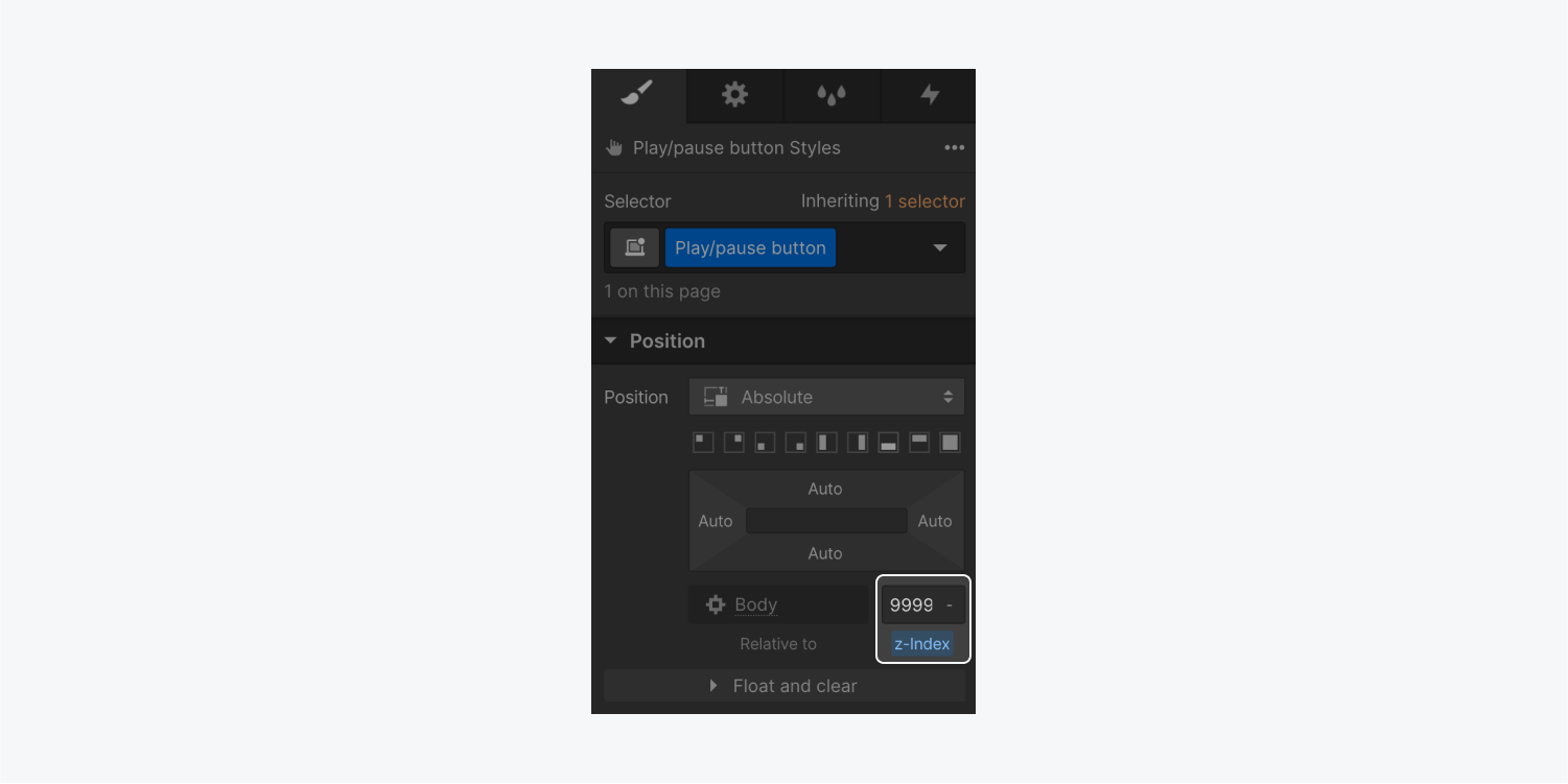 Within the Style panel, the play/pause button's z-index is highlighted and set to 9999.