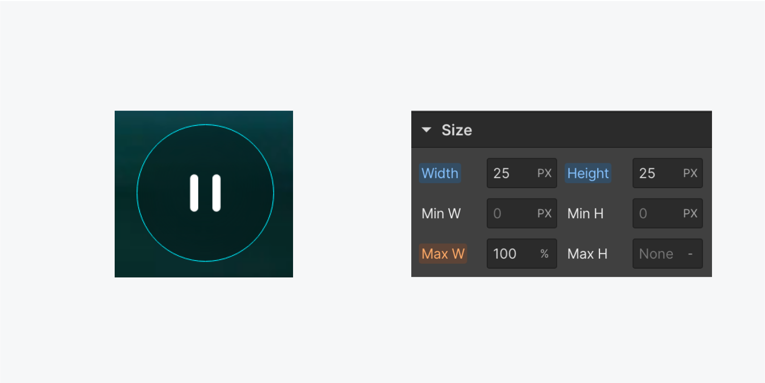 A customized start/stop key and its Dimensions attributes in the Design panel. The breadth and height have been adjusted to 25 pixels.