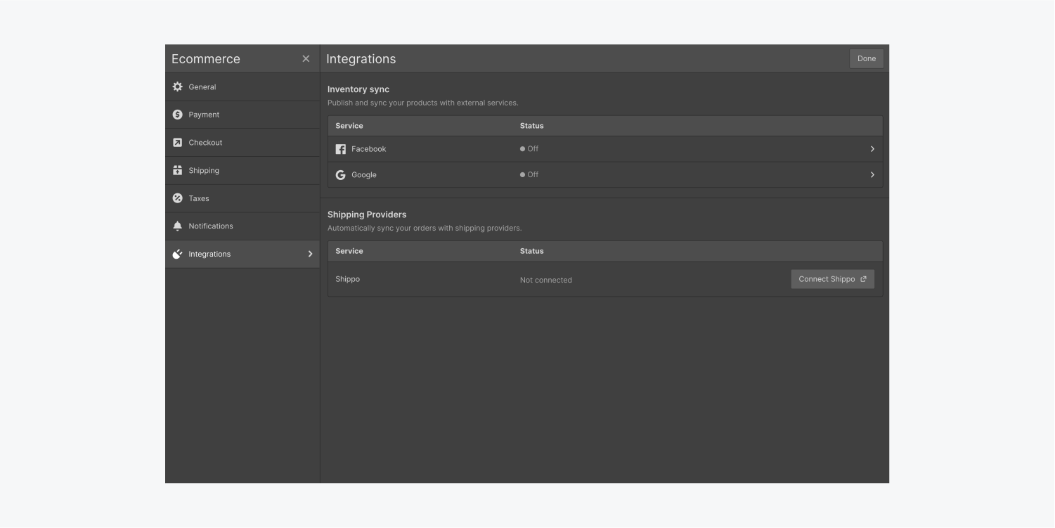 The Integrations tab panel includes an Inventory synchronization section and a Shipping providers section. The Inventory sync offers two services, Facebook and Google, which are currently deactivated. The Shippo service is not linked. A button to Connect Shippo is visible on the right side of the panel.