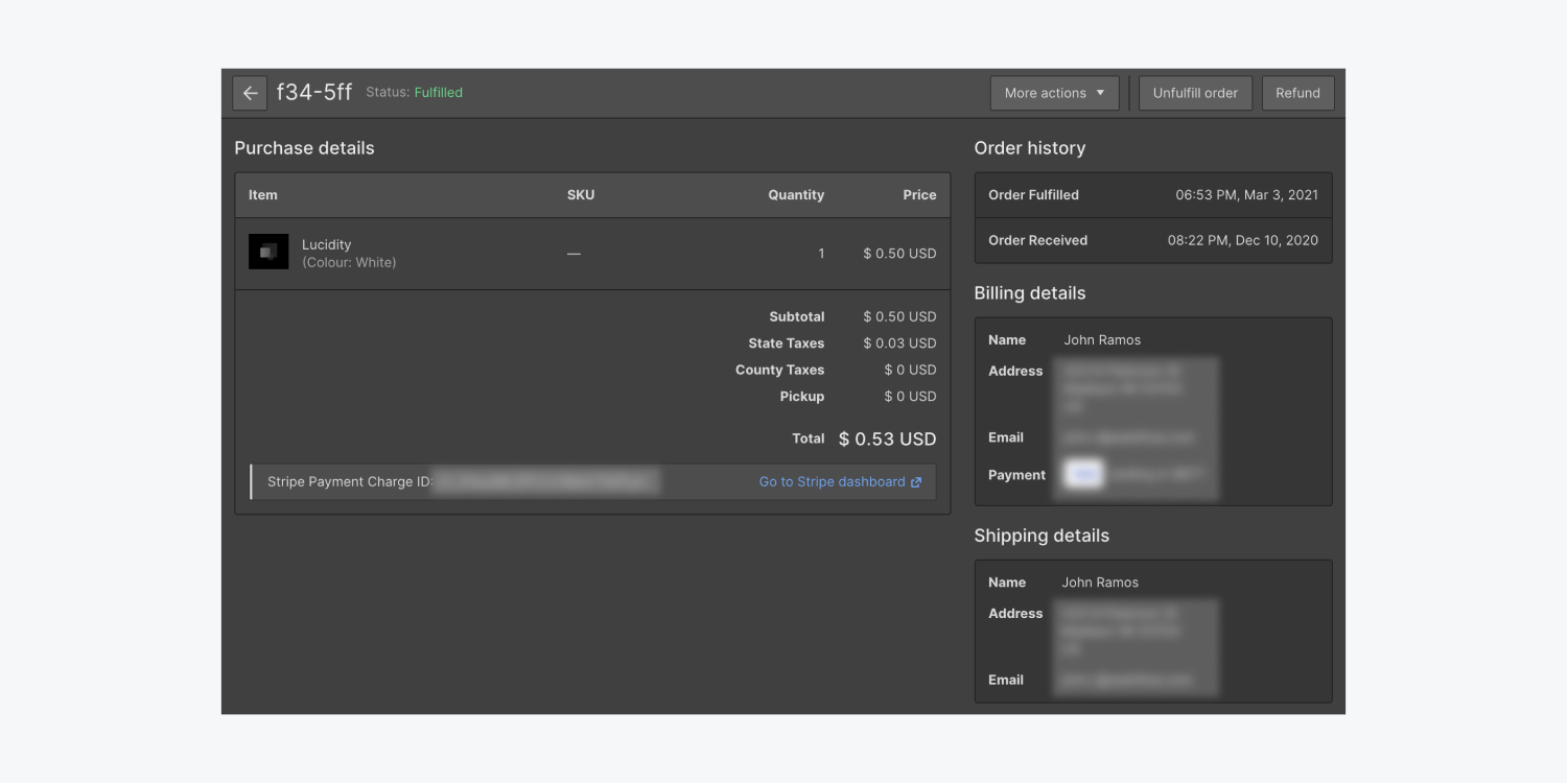 Order details for a Webflow Ecommerce order are shown in the Webflow Designer.