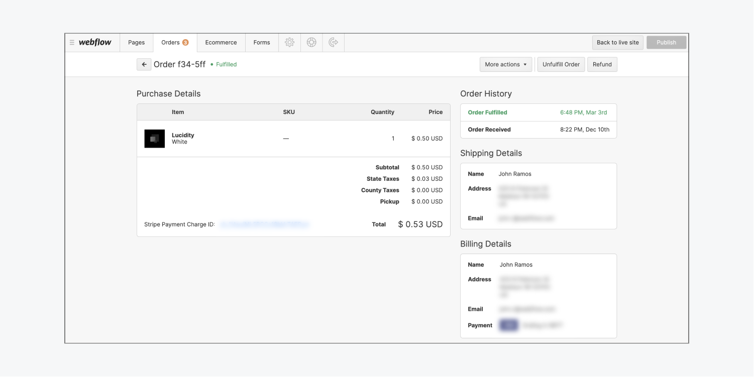 Order details for a Webflow Ecommerce order are shown in the Webflow Editor.
