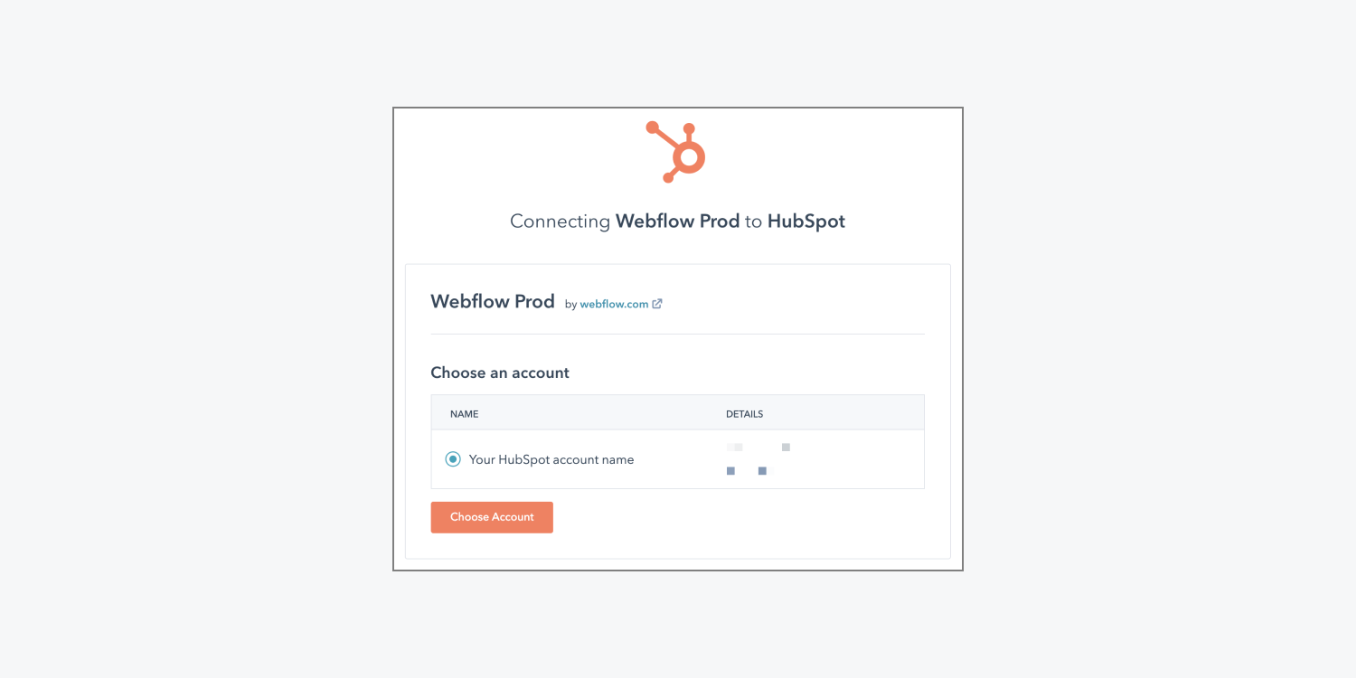 顯示了 HubSpot 將 Webflow 連接到 HubSpot 帳戶的介面。 