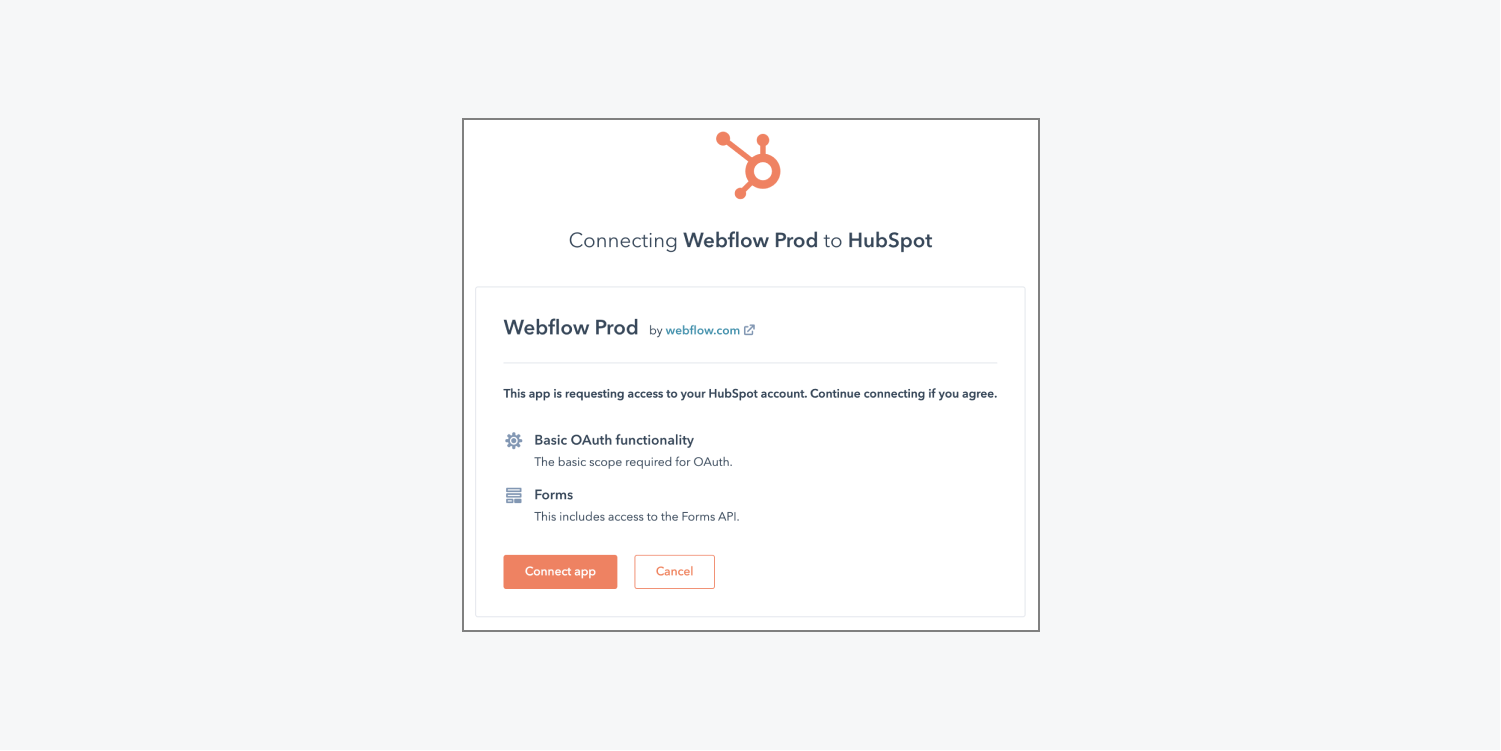 顯示了允許存取 Webflow 的 HubSpot 介面。 