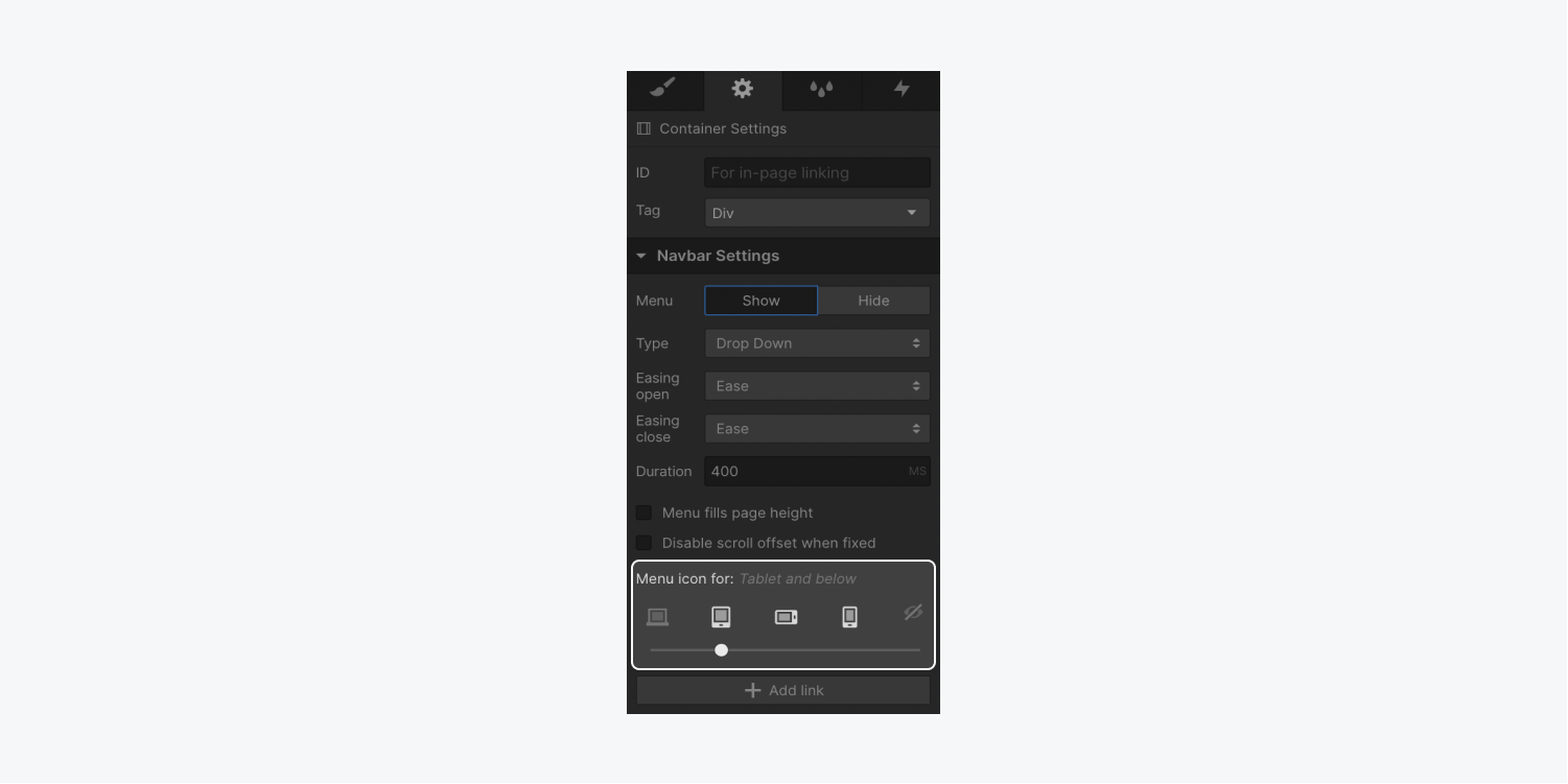 In the Navigation Settings section of the Settings panel, the device options slider is highlighted with the Tablet breakpoint currently selected.