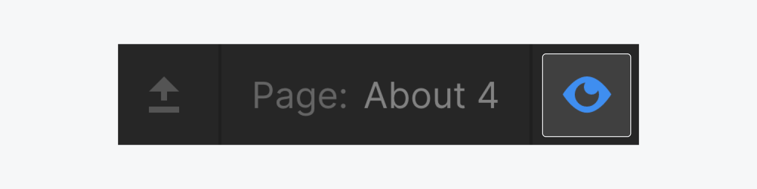 The preview eye icon is emphasized in the top left corner of the designer. Alongside the icon, you can find the page name and the top bar visibility toggle arrow icon.