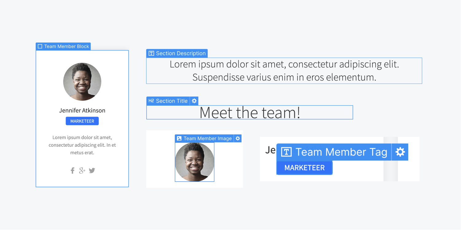 Various instances of elements on a design space with each element featuring a highlighted blue border outlining its edges. The layout includes a profile card, two text elements, a profile image, and a custom team member tag.