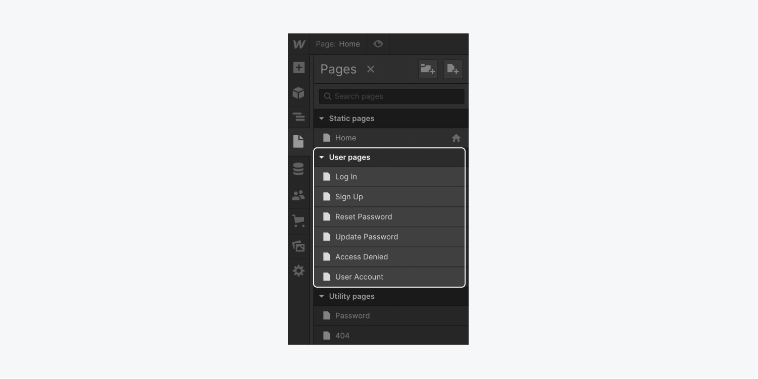 The User sections within the Pages panel.