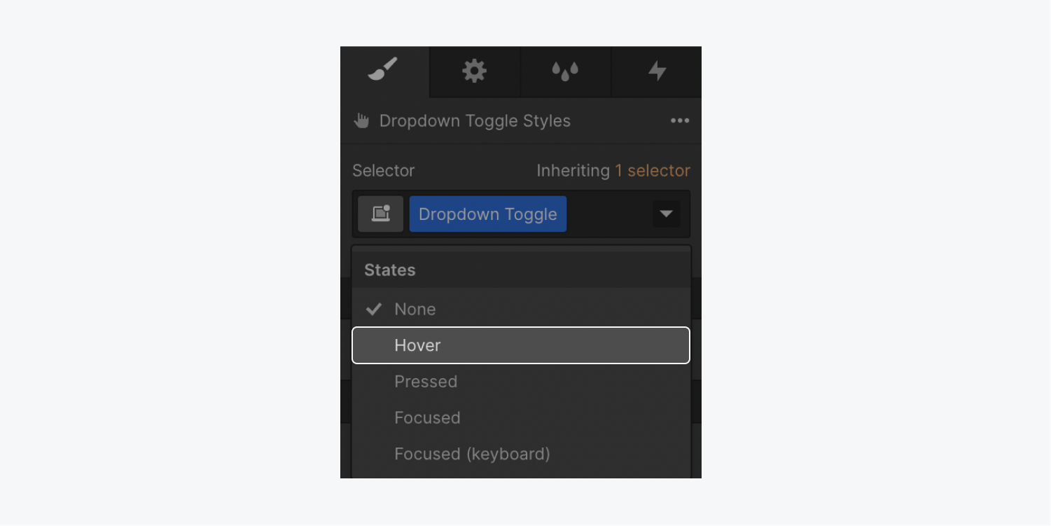 The States dropdown is expanded and the Hover option is highlighted in the Selector field of the Style panel.