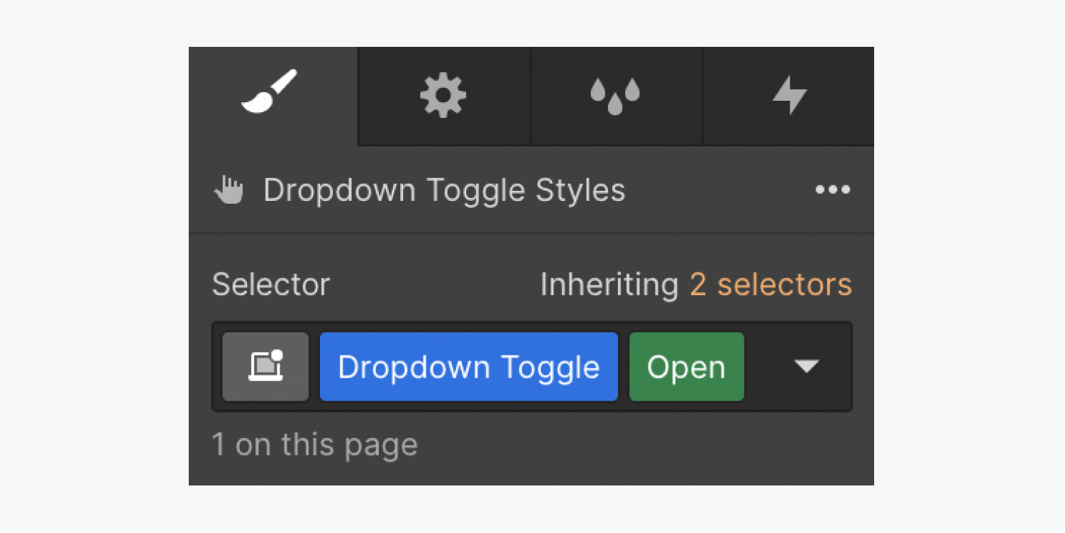 A “Dropdown Toggle” class and an “Open” class appear in the Selector field of the Style panel.