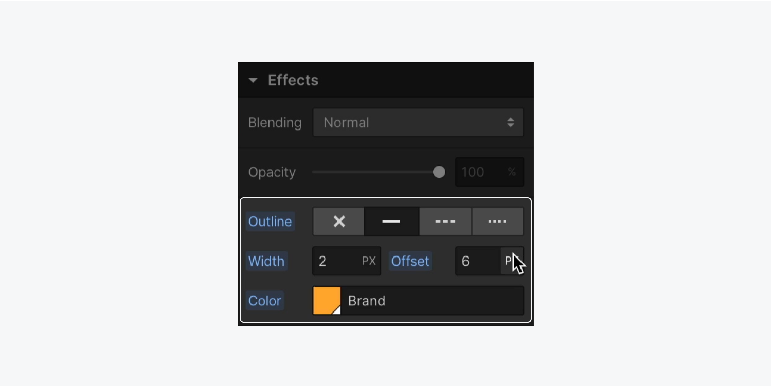 Outline styling properties are highlighted in the Webflow Style panel’s Effects section.