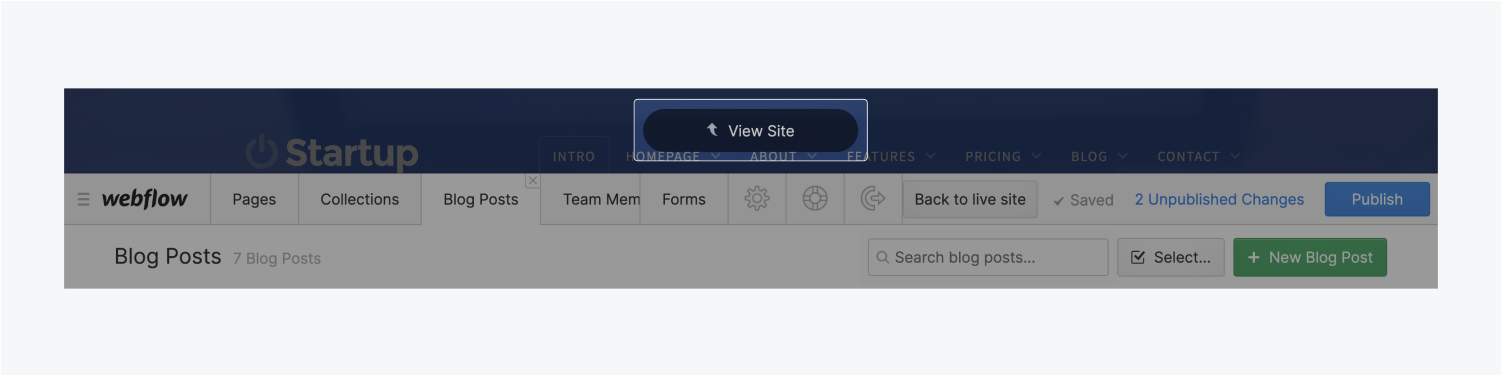 편집기 도구 모음 위에 강조 표시된 사이트 보기 버튼
