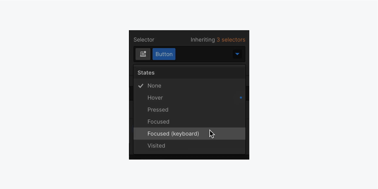 In the Webflow Style panel, the Focused (keyboard) state is selected for a button element.