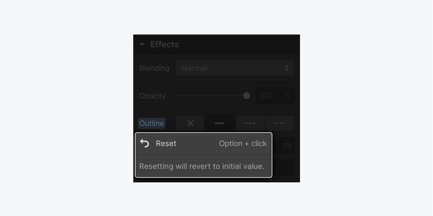 The “reset” option is highlighted for Outline in the Style panel’s Effects section.