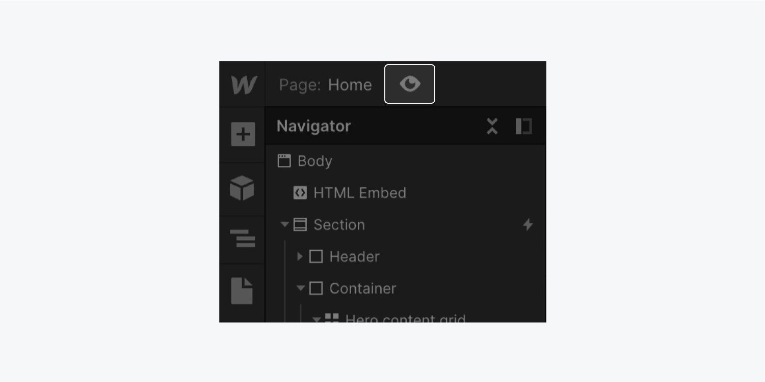 The “eye” icon is highlighted in the Webflow Designer to indicate how to preview a design in the browser.