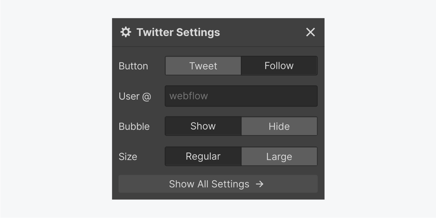 The Twitter settings panel for a follow button presents a text input field for the User @ handle, two tabs for Bubble, size, and a show all settings button.