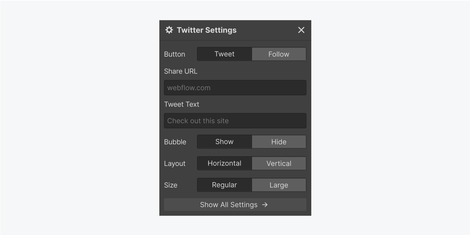 The Twitter settings panel displays two tab options for the button, text input fields for both "share URL" and "tweet text". It also presents tabs for Bubble, layout, size, and a show all settings button.