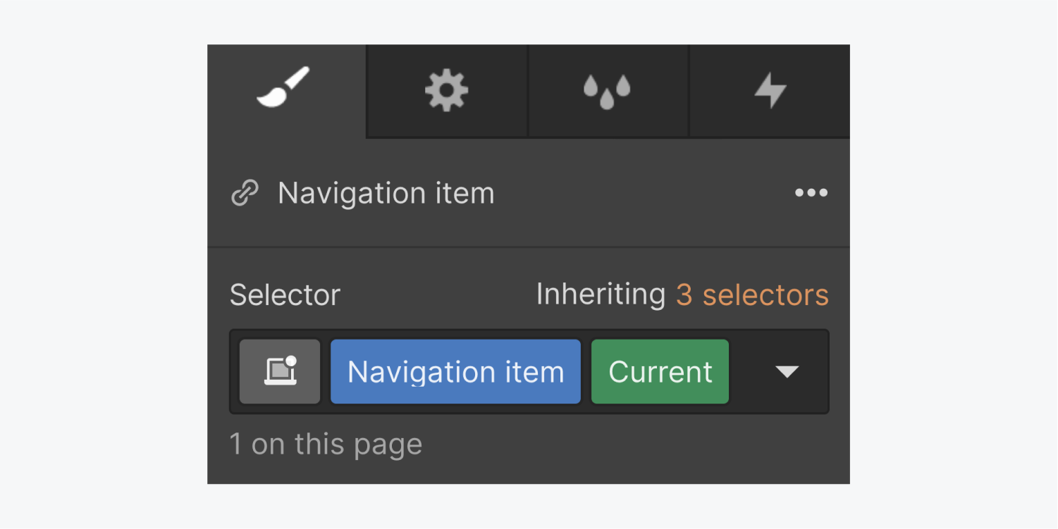 A navigation link named navigation item with a current state in the selector section inheriting three selectors.