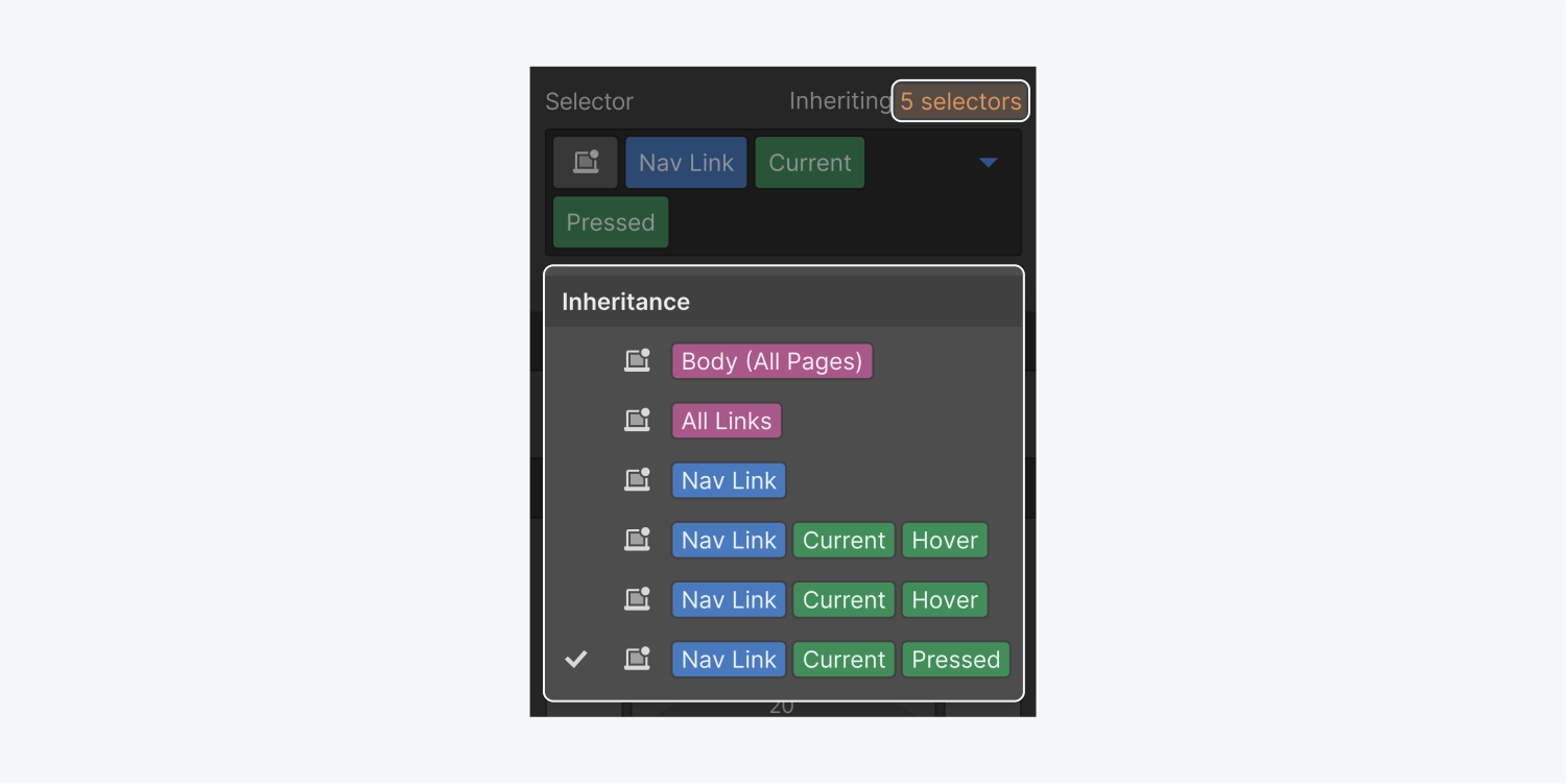 The inheritance indicator is highlighted indicating there are 5 selectors from which styles are being inherited. The inheritance dropdown menu is also highlighted displaying the various states.