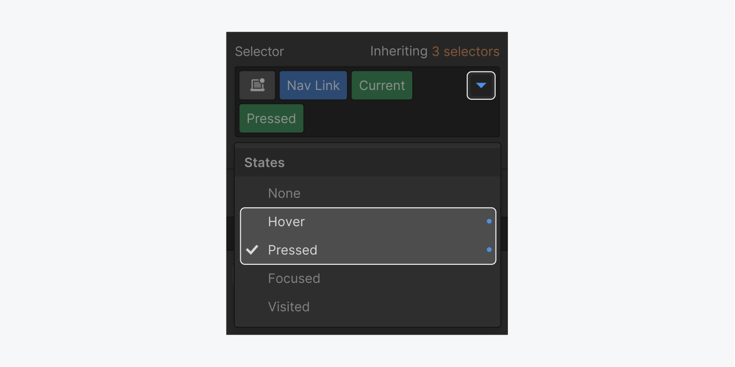 A link element named Nav link currently in the "current" and "pressed" state. A down facing carrot icon is highlighted to display the dropdown menu of states with a blue dot indicator on the Hover and Pressed states. The hover and pressed states are accentuated by their blue indicator.