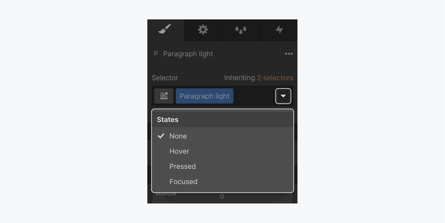 The conditions drop-down list includes none, hover, pressed, and focused conditions as options. The drop-down list is highlighted on the selector section of the style panel.