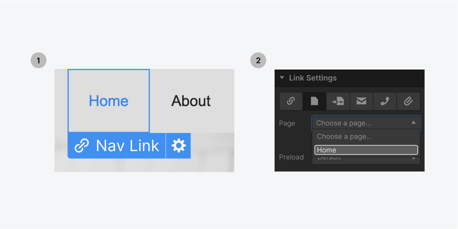 First step is choosing a link element on the left. Second step is selecting the home page from the link settings drop-down menu on the right to link the element to the home page.