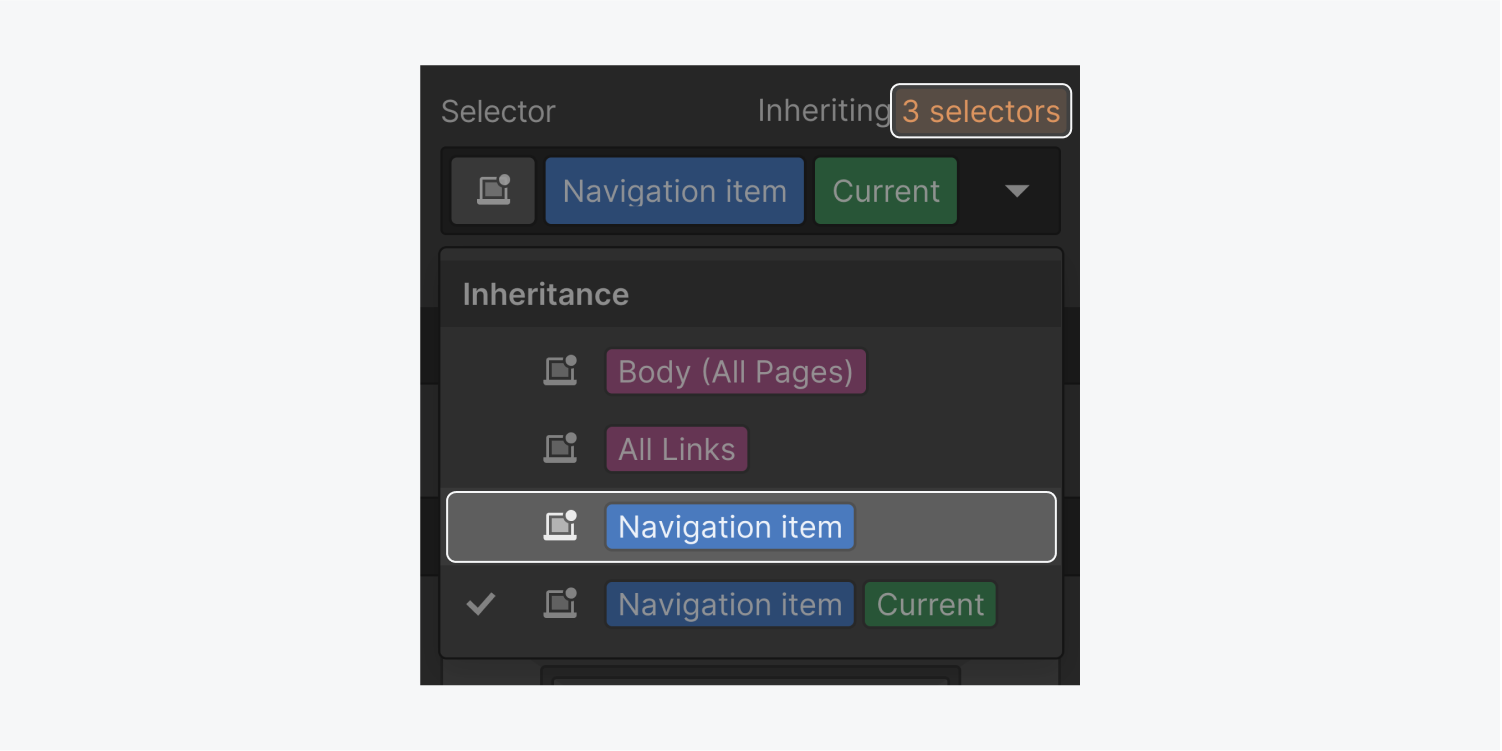 The default base class of a link element named Navigation item is emphasized in the inheritance drop-down menu. The orange 3 selectors tag is also highlighted in the inheritance indicator.