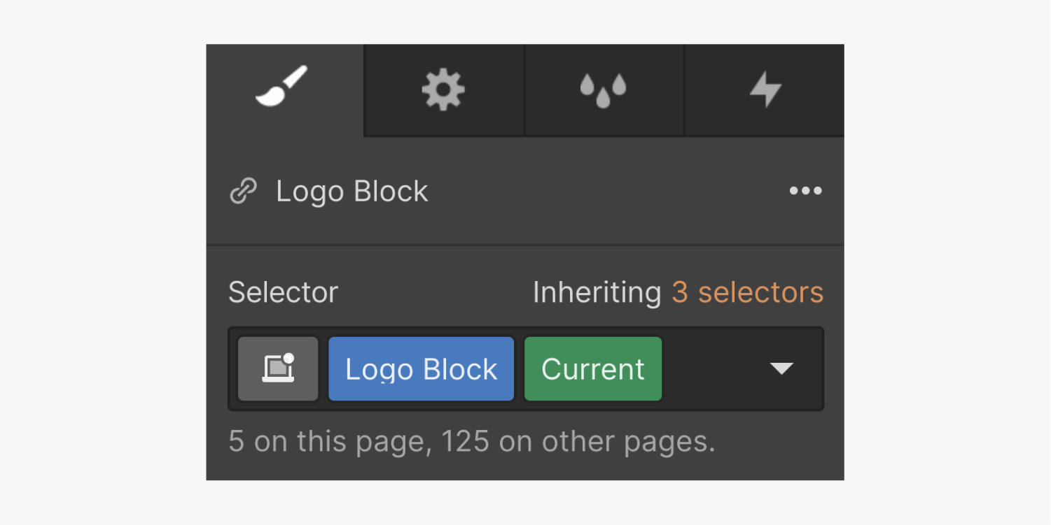 A link element is selected with a current state selected in the selector section. There are 3 selectors being inherited. The link element has a class called Logo block.