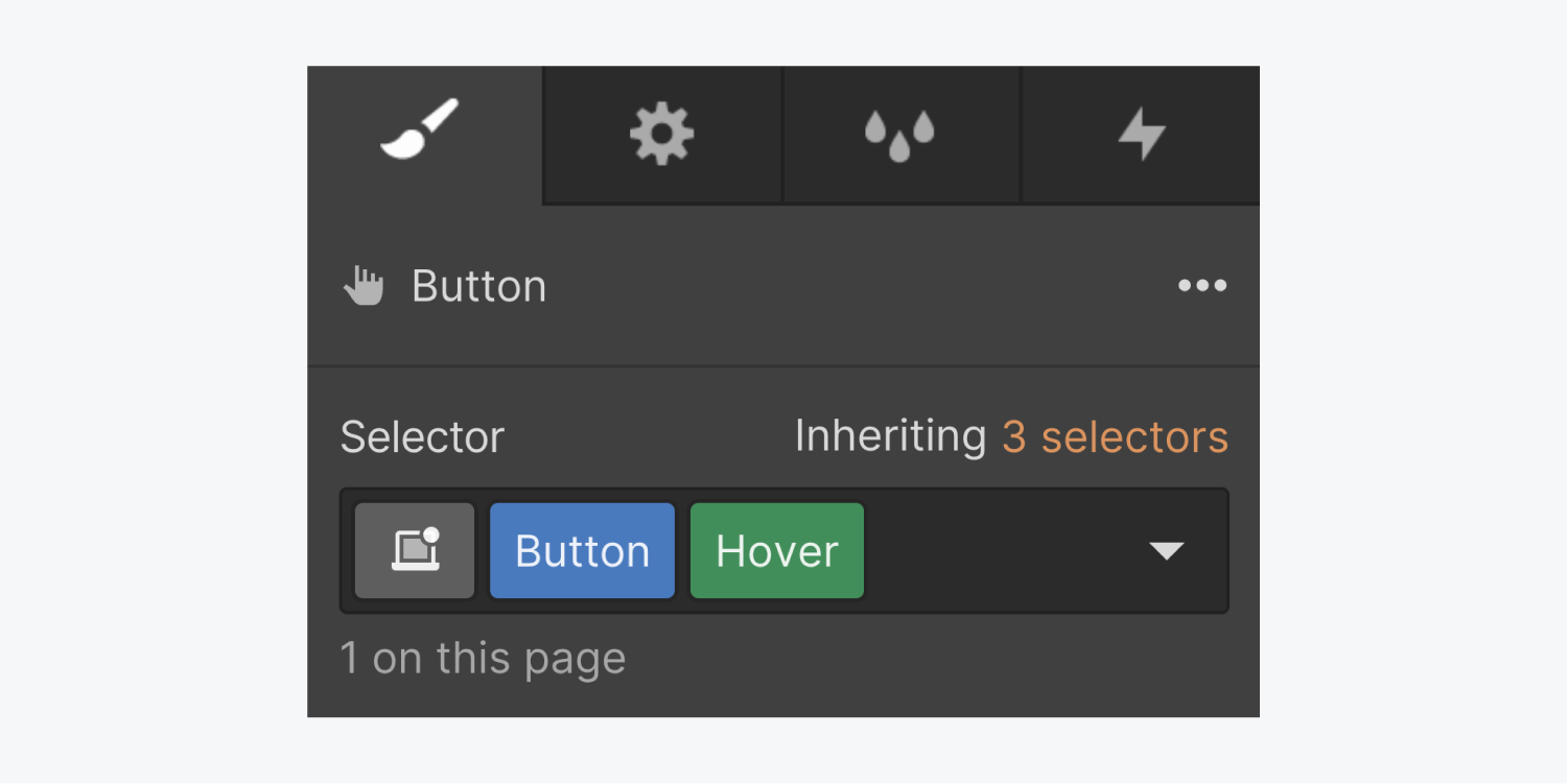 A button element is selected and displaying a green hover class state in the selector section.