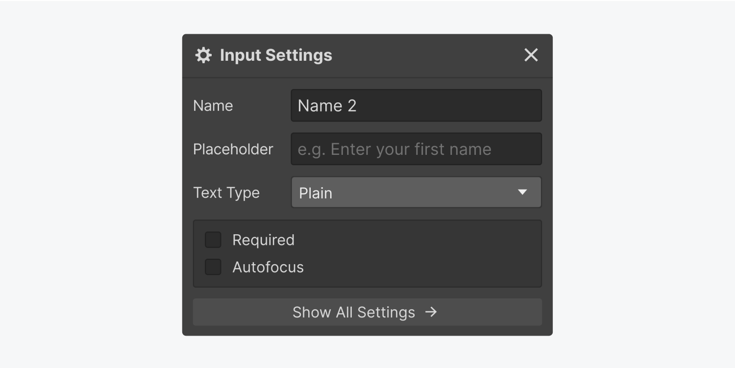 Settings for an Input field, including Title, Temporary Text, Text Style, and options to set the Input as Mandatory and initially focused.