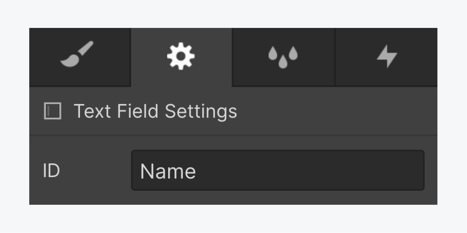 Element settings for a Text field within a form element. The Text field’s ID is set to “Name”